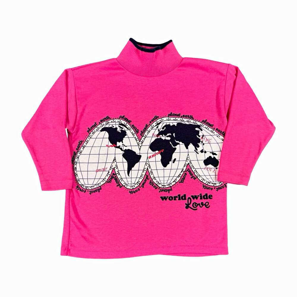 Vintage Baby Girls Pink Turtleneck Long Sleeve World Graphic Shirt Size 5